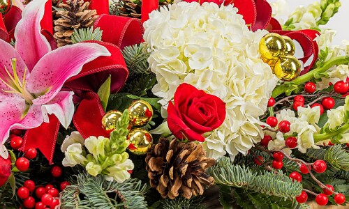 Holiday centerpiece consisting of white hydrangea, red roses, lily, pinecones and greenery